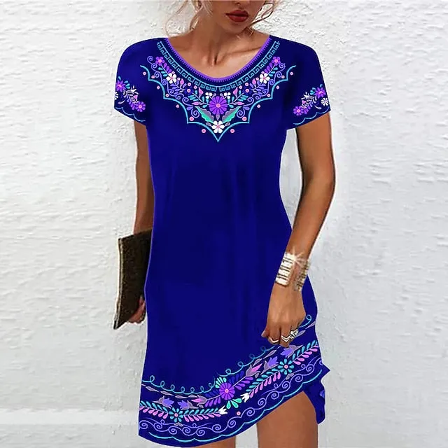 CityHottie - Women's Casual Dress Ethnic Dress Shift Dress Mini Dress Black White Light Green Short Sleeve Floral Print Spring Summer Crew Neck Basic Daily Vacation Loose Fit 2024 S M L XL XXL