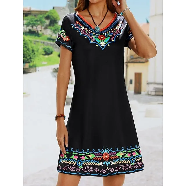 CityHottie - Women's Casual Dress Ethnic Dress Shift Dress Mini Dress Black White Light Green Short Sleeve Floral Print Spring Summer Crew Neck Basic Daily Vacation Loose Fit 2024 S M L XL XXL