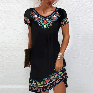 CityHottie - Women's Casual Dress Ethnic Dress Shift Dress Mini Dress Black White Light Green Short Sleeve Floral Print Spring Summer Crew Neck Basic Daily Vacation Loose Fit 2024 S M L XL XXL