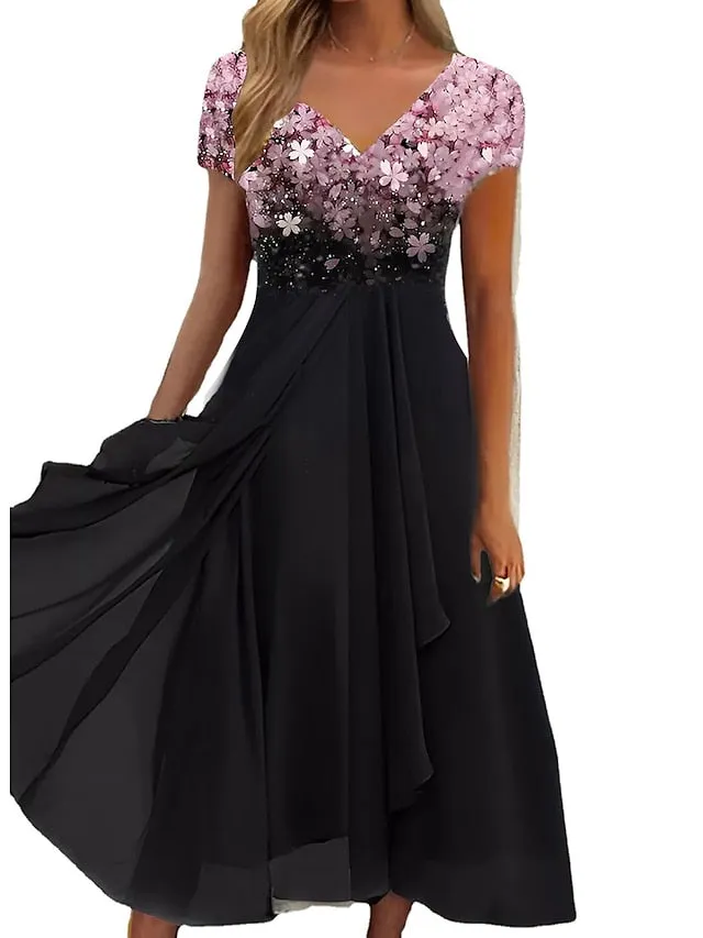 CityHottie - Women's Casual Dress Lace Dress Sheath Dress Midi Dress Black Blue Purple Short Sleeve Floral Ruched Fall Spring Summer V Neck Stylish Vacation Weekend 2024 S M L XL XXL 3XL 4XL 5XL