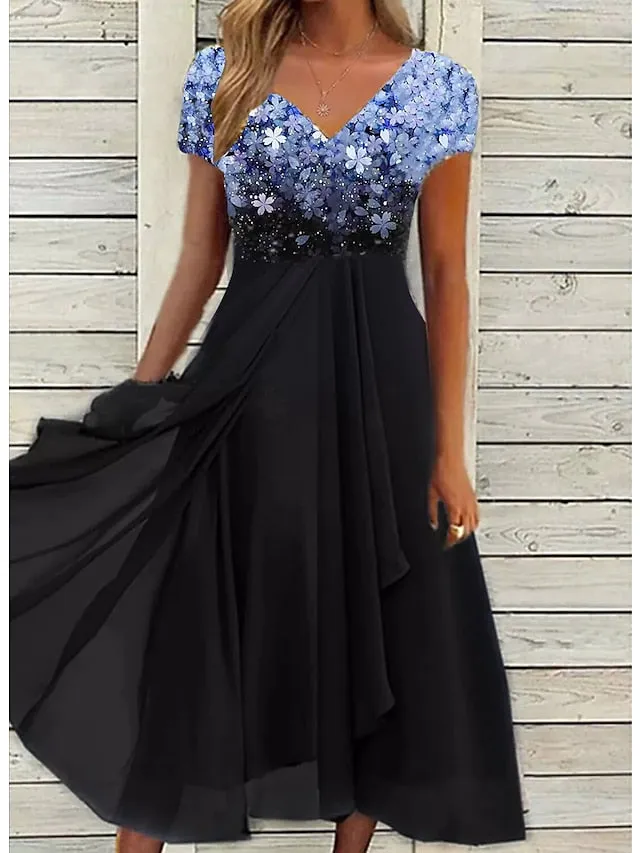 CityHottie - Women's Casual Dress Lace Dress Sheath Dress Midi Dress Black Blue Purple Short Sleeve Floral Ruched Fall Spring Summer V Neck Stylish Vacation Weekend 2024 S M L XL XXL 3XL 4XL 5XL