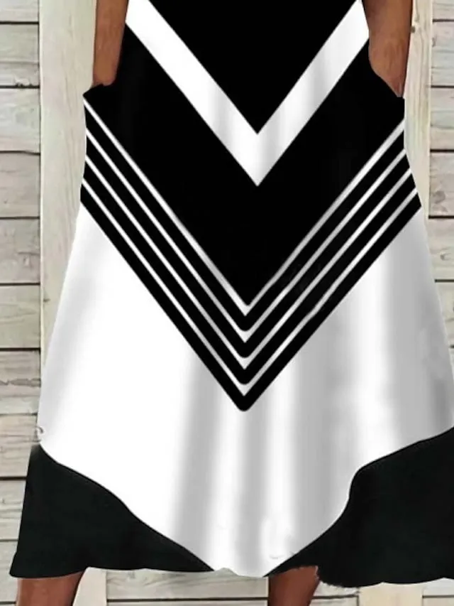 CityHottie - Women's Casual Dress Shift Dress Midi Dress Black and white stripes Green Dark Blue Half Sleeve Color Block Button Summer Spring V Neck Basic Vacation 2024 S M L XL XXL 3XL