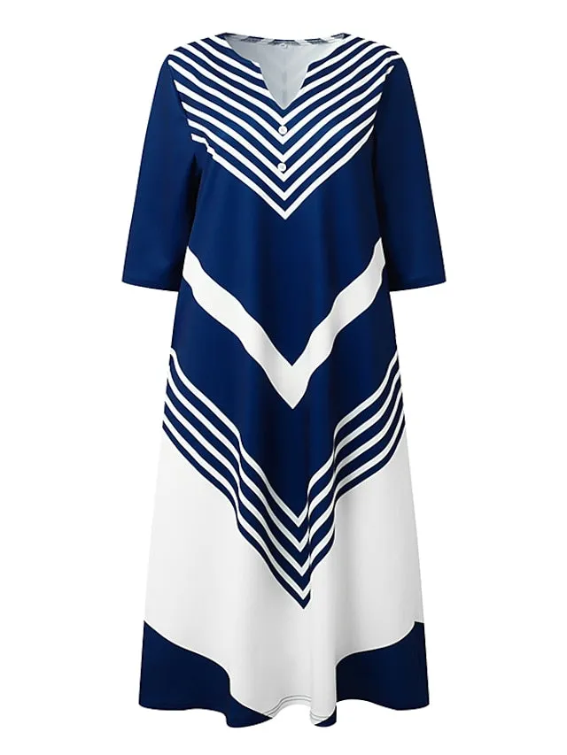 CityHottie - Women's Casual Dress Shift Dress Midi Dress Black and white stripes Green Dark Blue Half Sleeve Color Block Button Summer Spring V Neck Basic Vacation 2024 S M L XL XXL 3XL