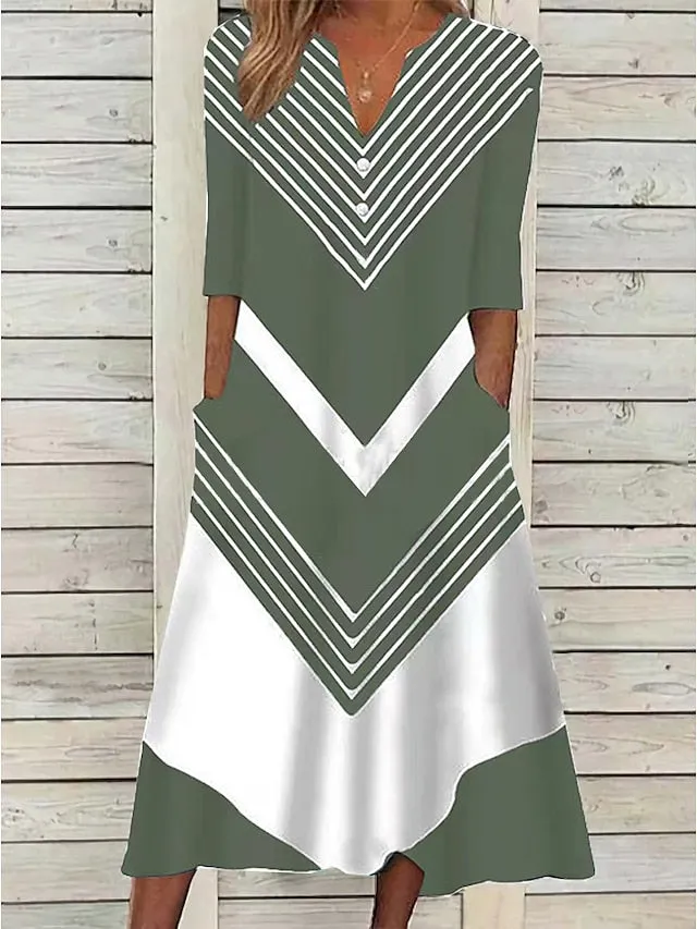 CityHottie - Women's Casual Dress Shift Dress Midi Dress Black and white stripes Green Dark Blue Half Sleeve Color Block Button Summer Spring V Neck Basic Vacation 2024 S M L XL XXL 3XL