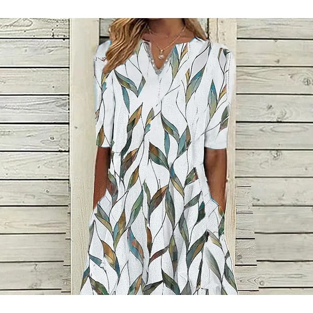 CityHottie - Women's Casual Dress Shift Dress Midi Dress White Blue Half Sleeve Leaf Print Summer Spring V Neck Classic Vacation 2024 S M L XL XXL 3XL