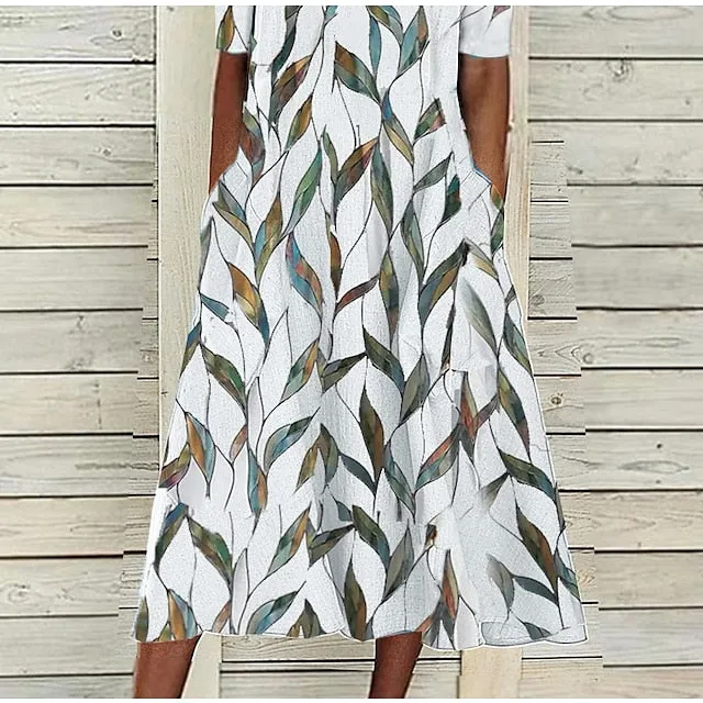 CityHottie - Women's Casual Dress Shift Dress Midi Dress White Blue Half Sleeve Leaf Print Summer Spring V Neck Classic Vacation 2024 S M L XL XXL 3XL