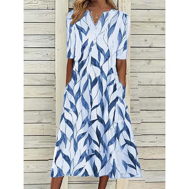 CityHottie - Women's Casual Dress Shift Dress Midi Dress White Blue Half Sleeve Leaf Print Summer Spring V Neck Classic Vacation 2024 S M L XL XXL 3XL