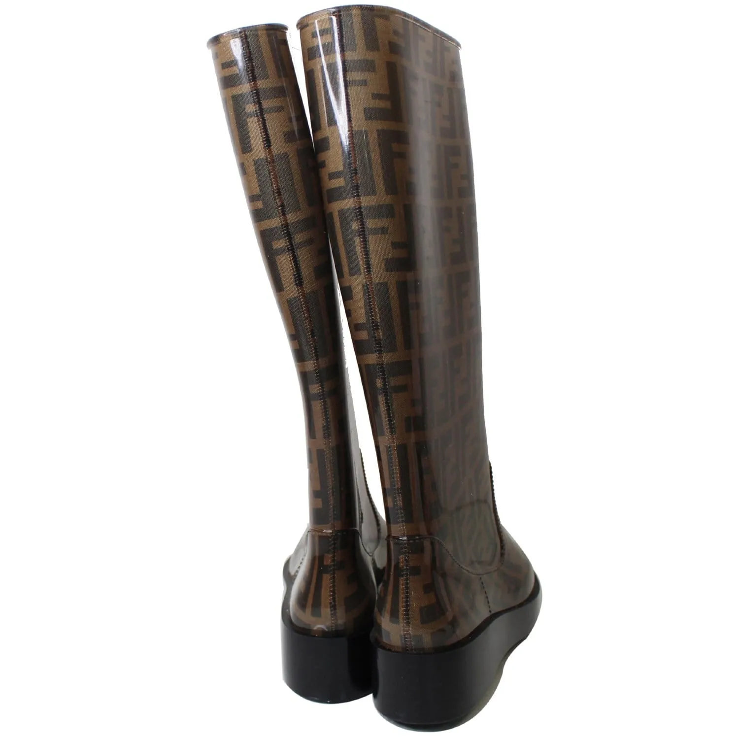 FENDI Tobacco Zucca Rubber Wedge Rain Boots Brown US 8