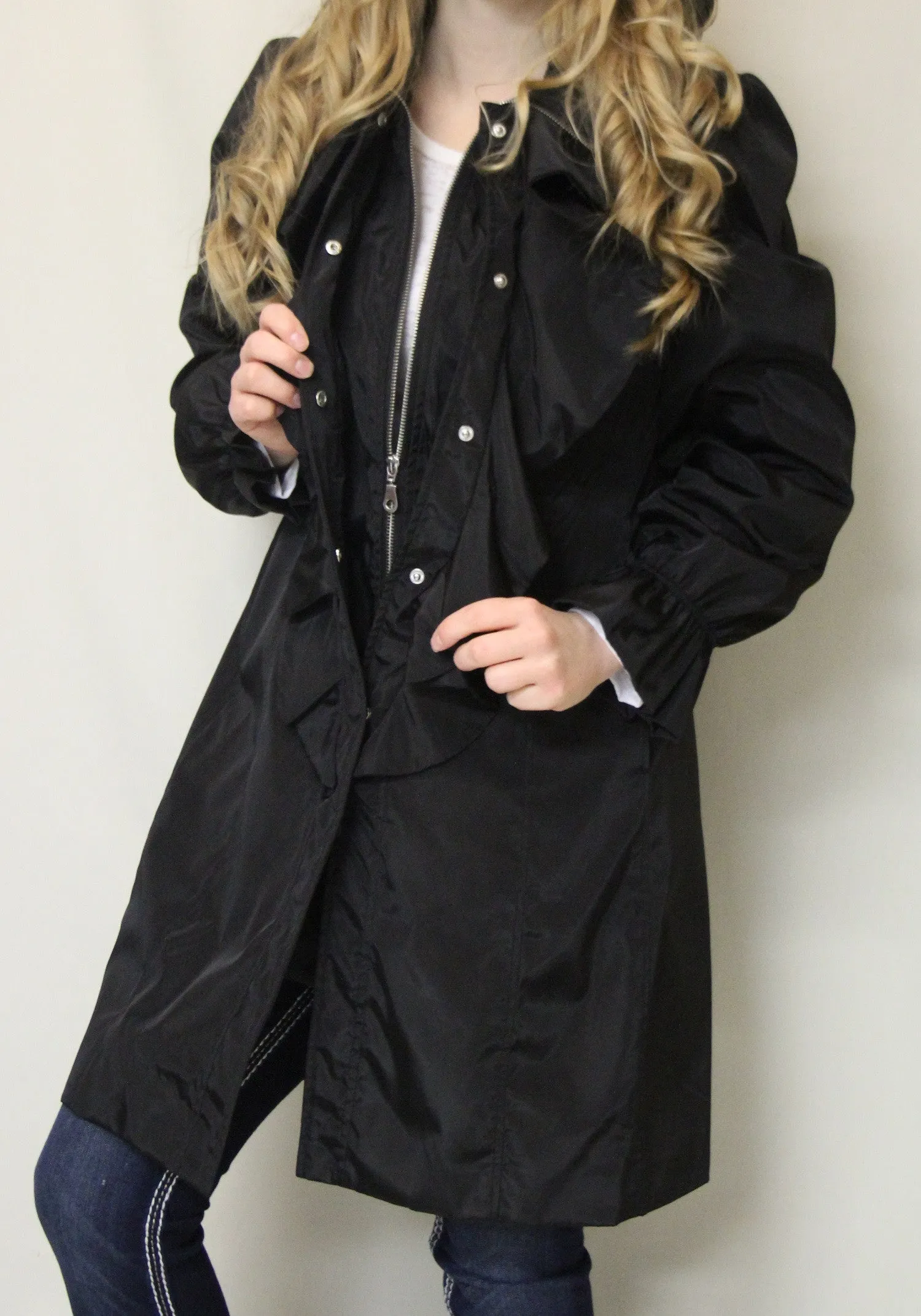 Firmiana | Black Zip Up Rain Jacket with Ruffles