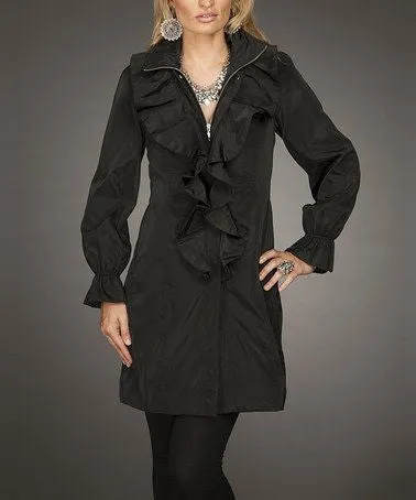 Firmiana | Black Zip Up Rain Jacket with Ruffles