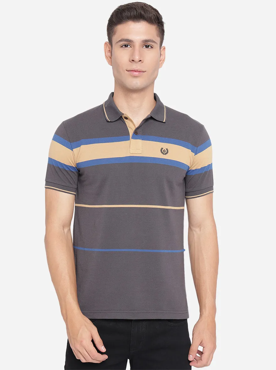 Grey Striped Slim Fit Polo T-Shirt | Greenfibre