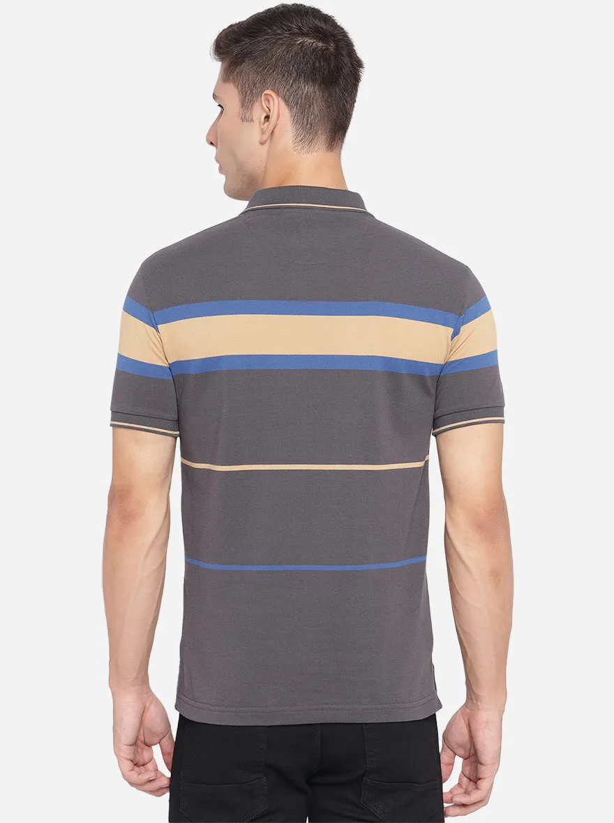 Grey Striped Slim Fit Polo T-Shirt | Greenfibre