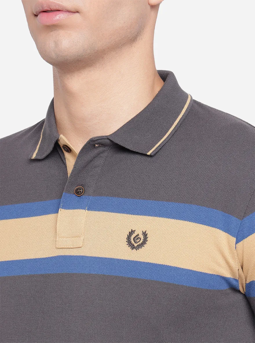 Grey Striped Slim Fit Polo T-Shirt | Greenfibre