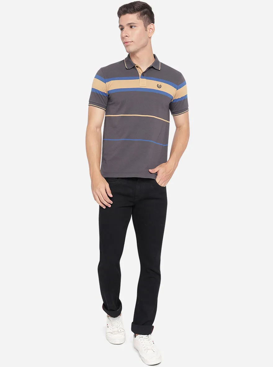 Grey Striped Slim Fit Polo T-Shirt | Greenfibre