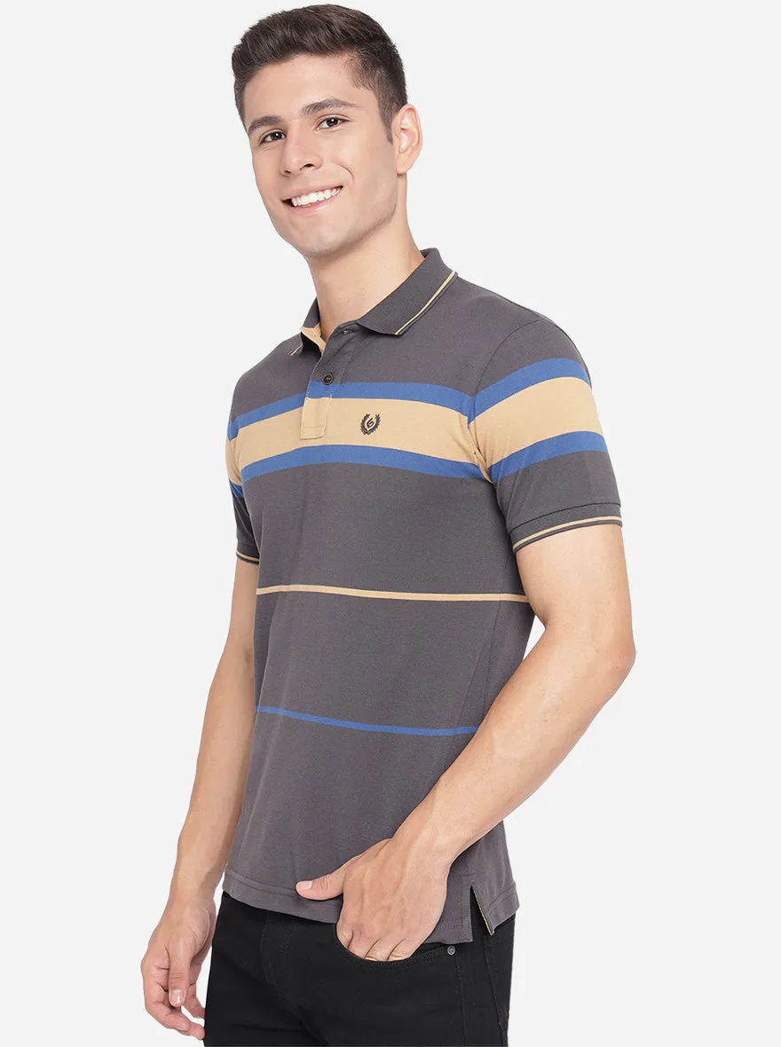 Grey Striped Slim Fit Polo T-Shirt | Greenfibre