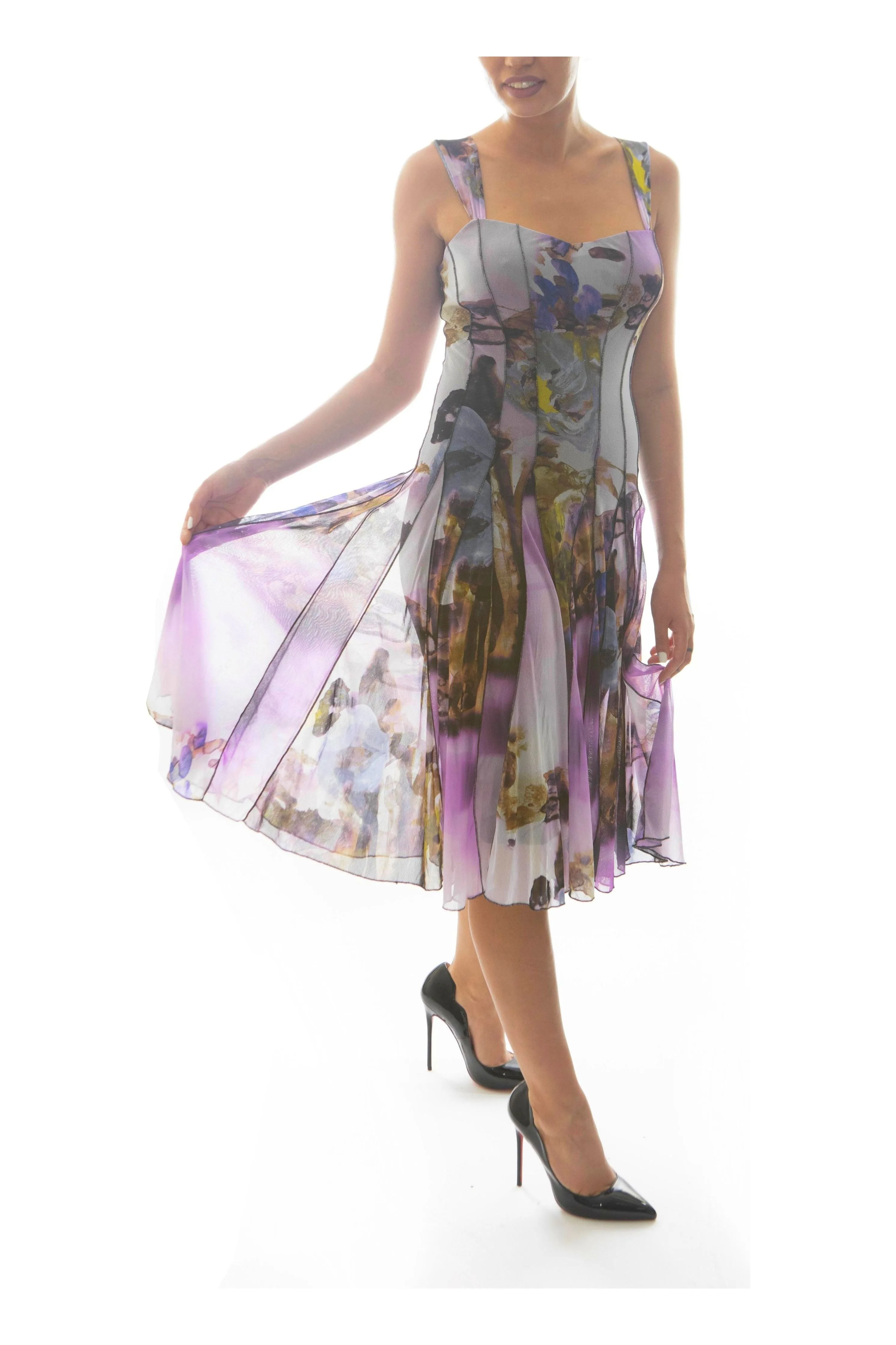 HOPE Sleveless Fit and Flare Floral Print Paneled Dress