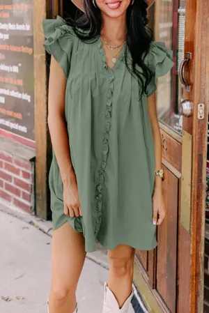 Katie, Mist Green Ruffle Trim Sleeve V Neck Pocketed Mini Dress