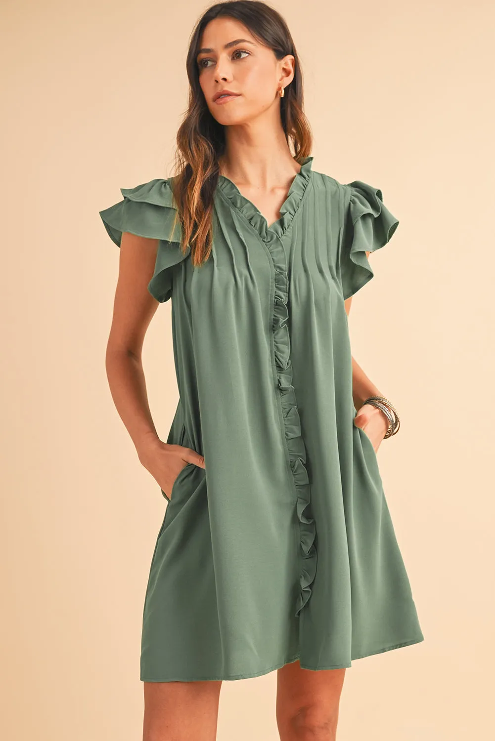 Katie, Mist Green Ruffle Trim Sleeve V Neck Pocketed Mini Dress