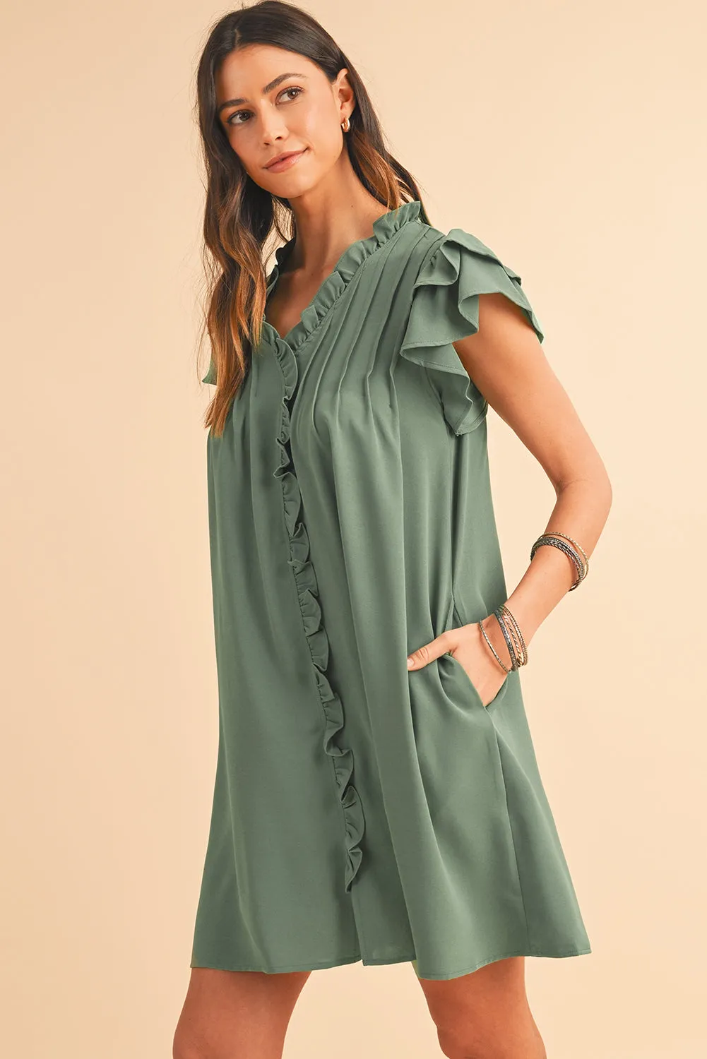 Katie, Mist Green Ruffle Trim Sleeve V Neck Pocketed Mini Dress