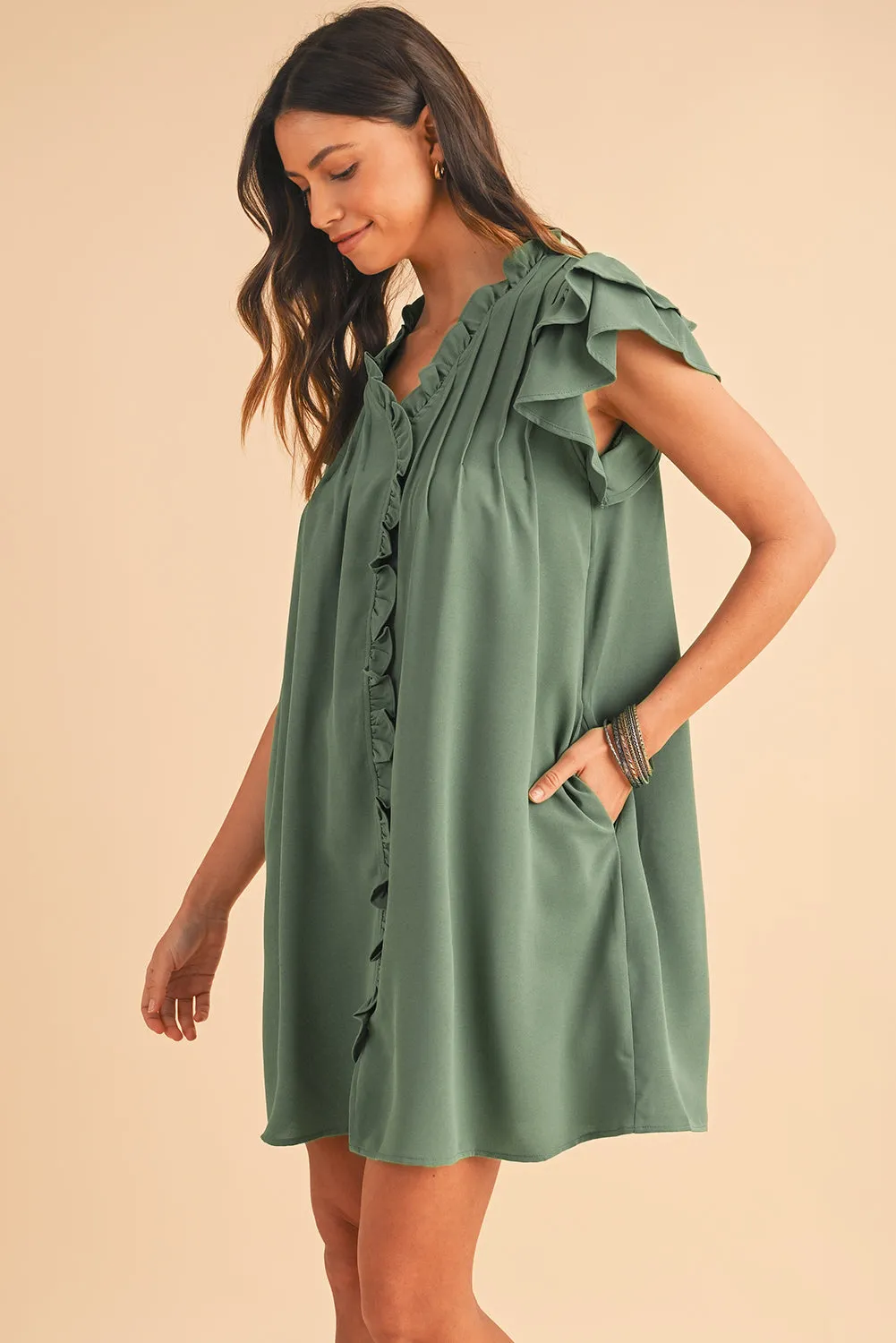 Katie, Mist Green Ruffle Trim Sleeve V Neck Pocketed Mini Dress