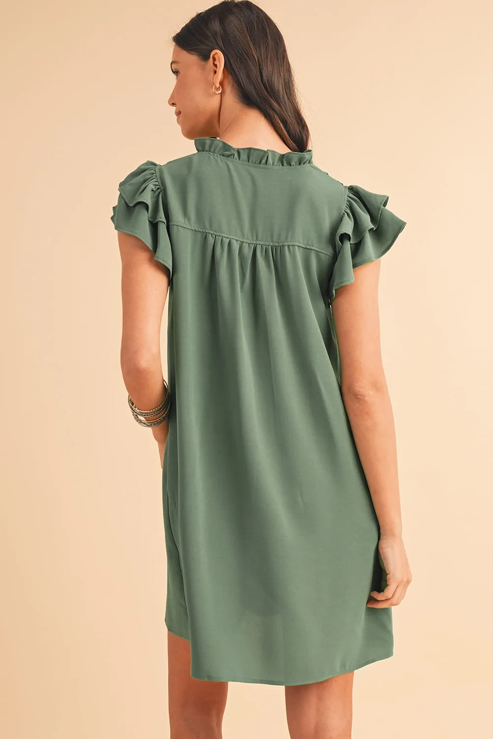 Katie, Mist Green Ruffle Trim Sleeve V Neck Pocketed Mini Dress
