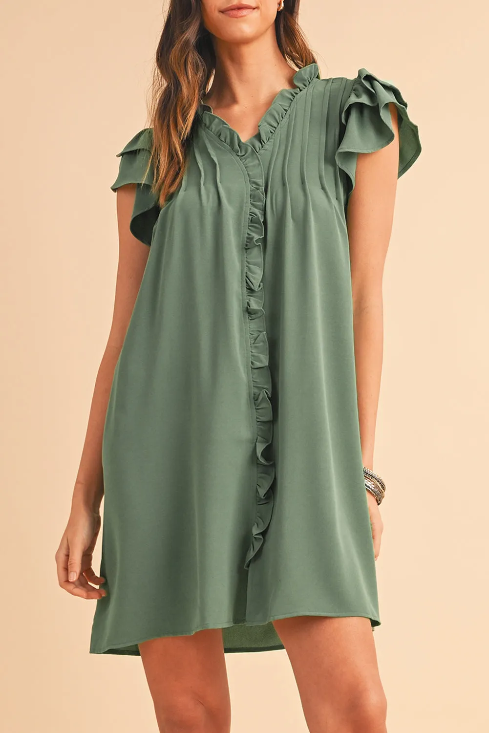 Katie, Mist Green Ruffle Trim Sleeve V Neck Pocketed Mini Dress