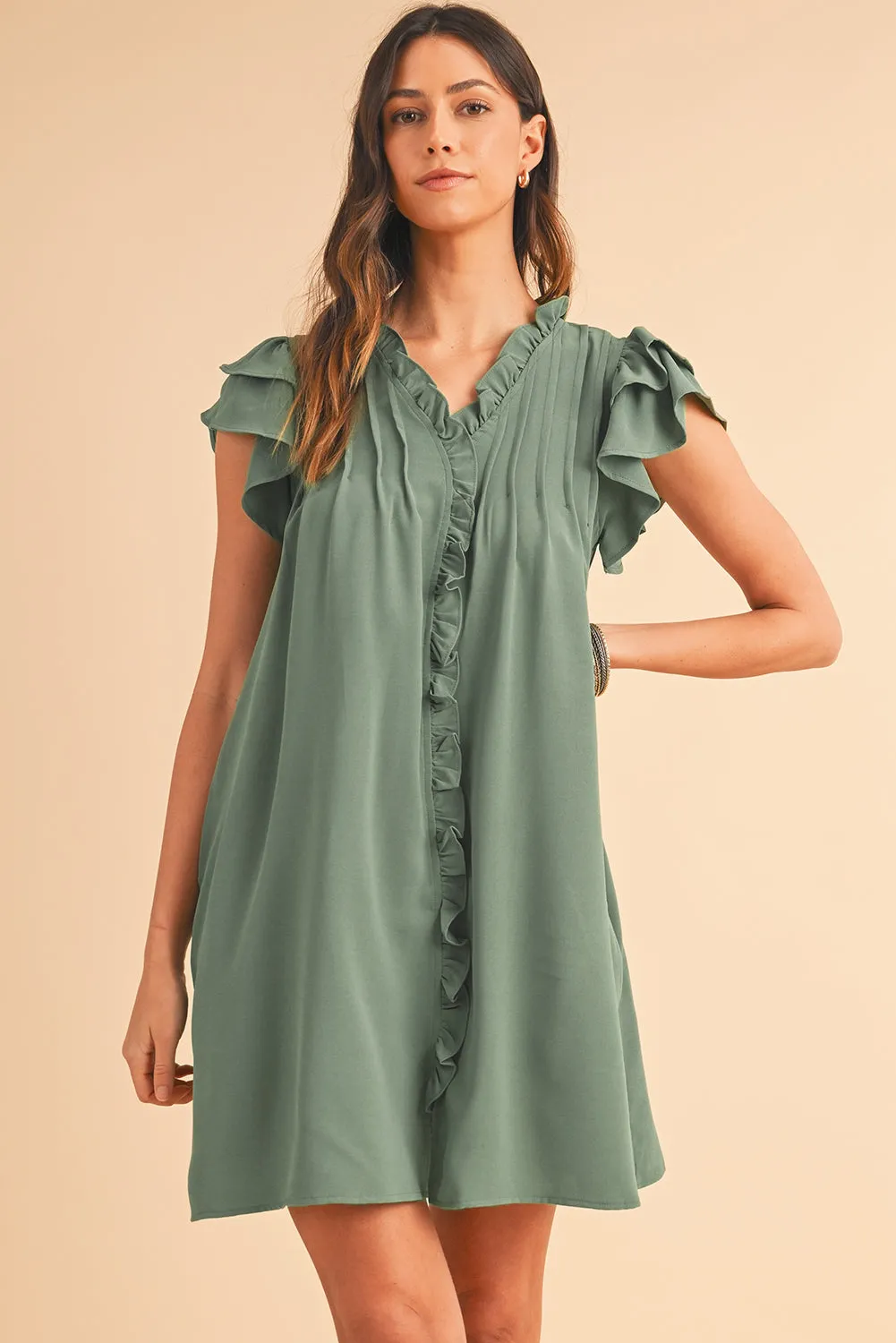 Katie, Mist Green Ruffle Trim Sleeve V Neck Pocketed Mini Dress