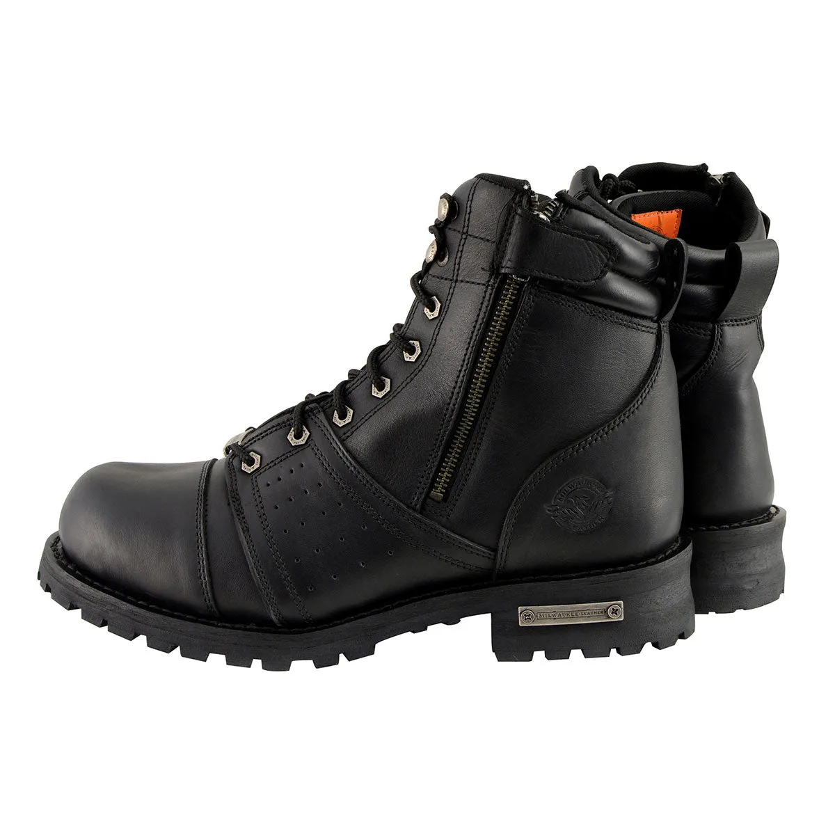 MBM9000 Men's Black Lace-Up Motorcycle Riding Leather Boots with Side Zipper Entry