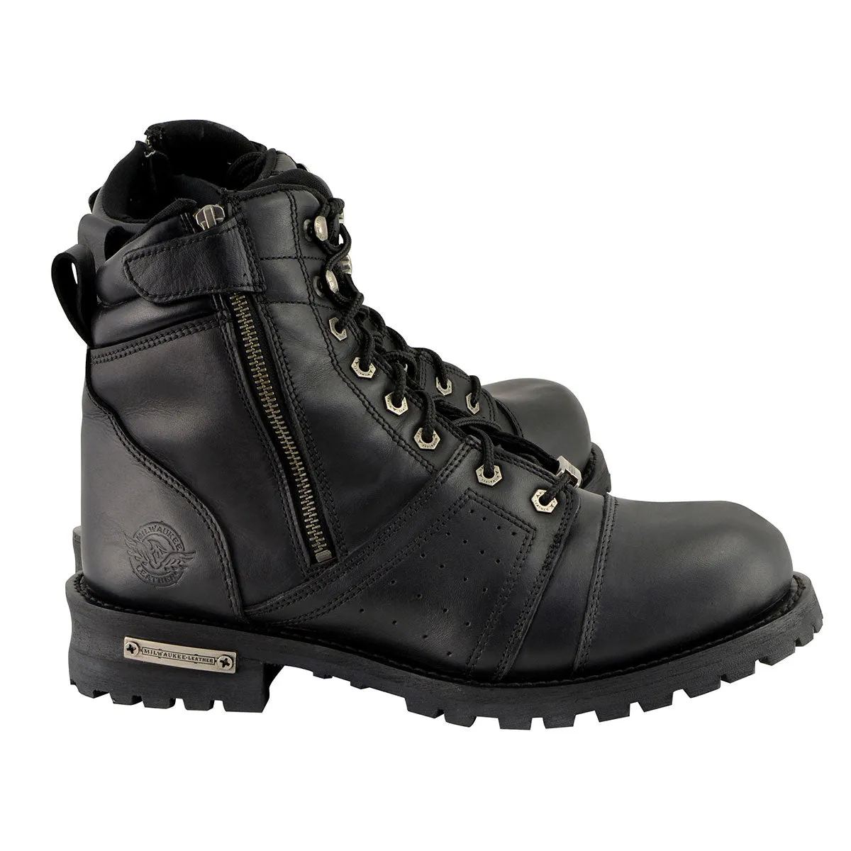 MBM9000 Men's Black Lace-Up Motorcycle Riding Leather Boots with Side Zipper Entry