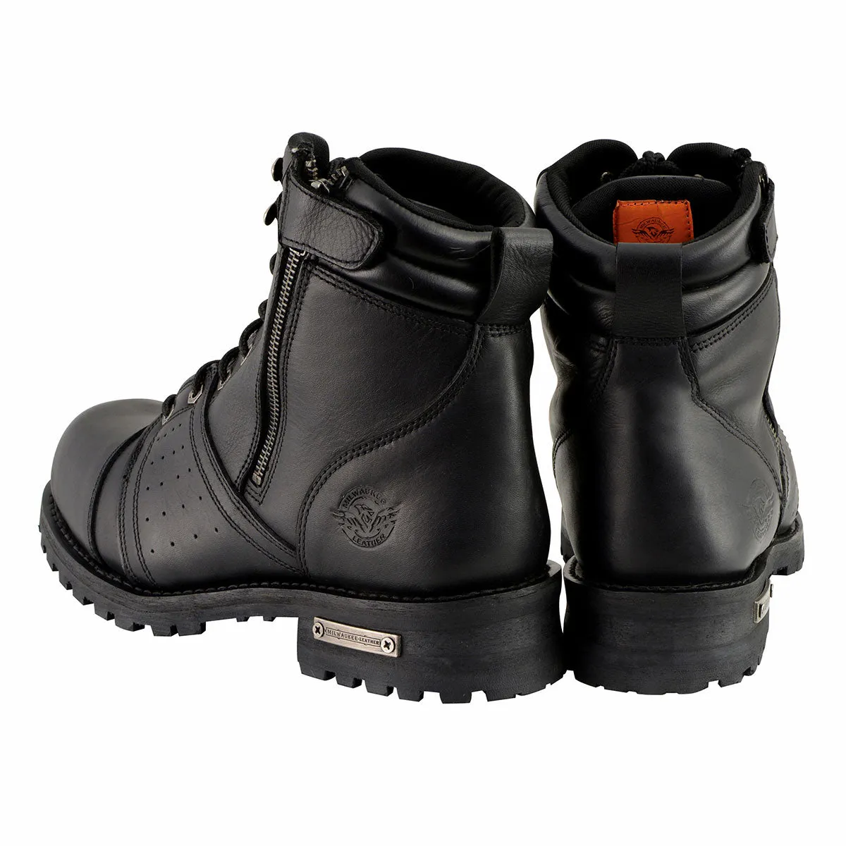 MBM9000 Men's Black Lace-Up Motorcycle Riding Leather Boots with Side Zipper Entry