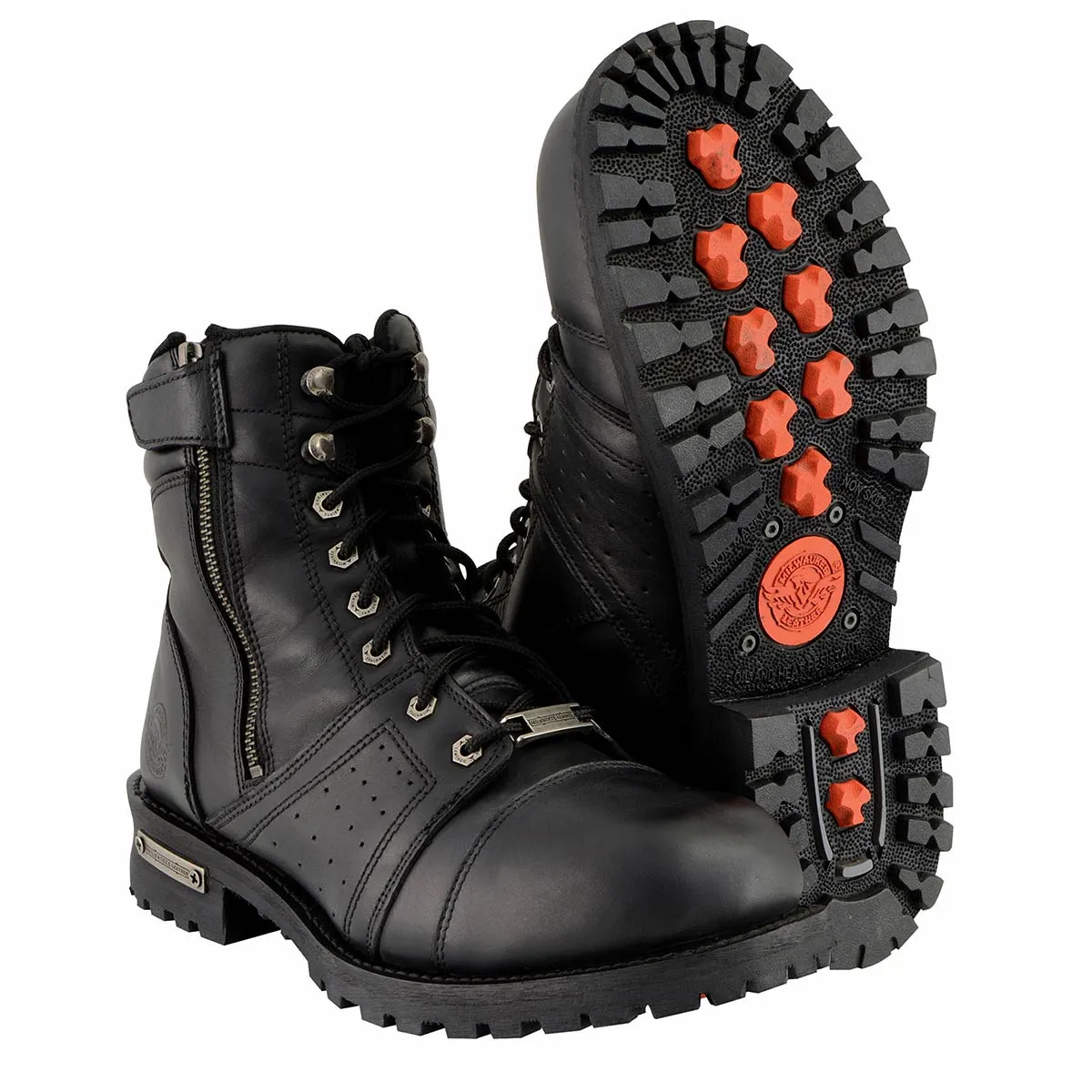 MBM9000 Men's Black Lace-Up Motorcycle Riding Leather Boots with Side Zipper Entry