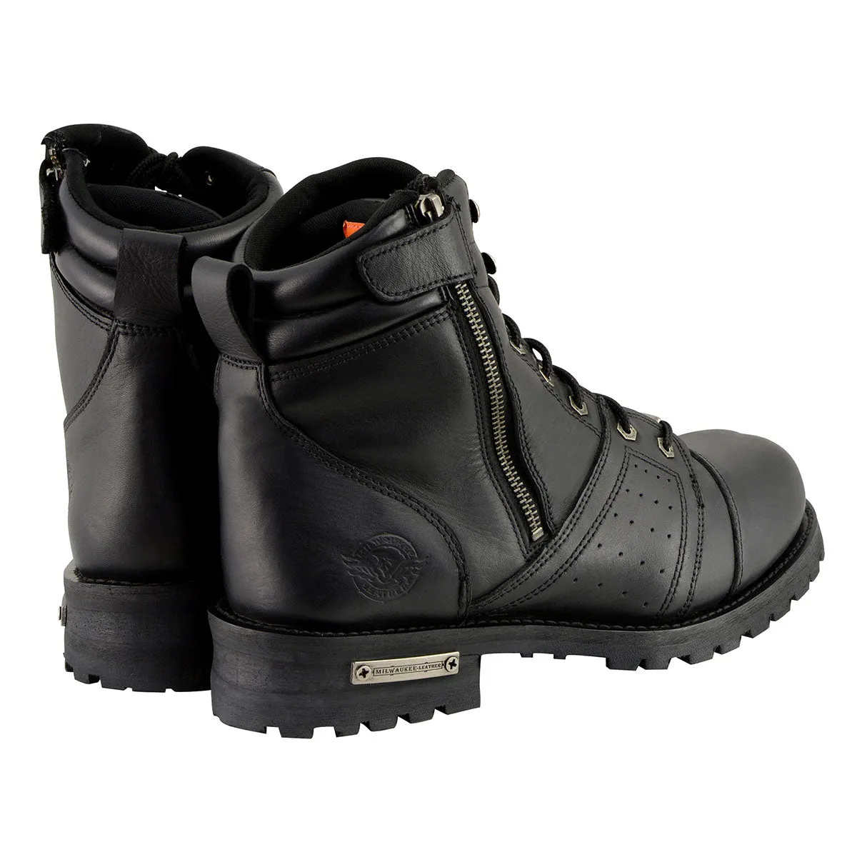 MBM9000 Men's Black Lace-Up Motorcycle Riding Leather Boots with Side Zipper Entry