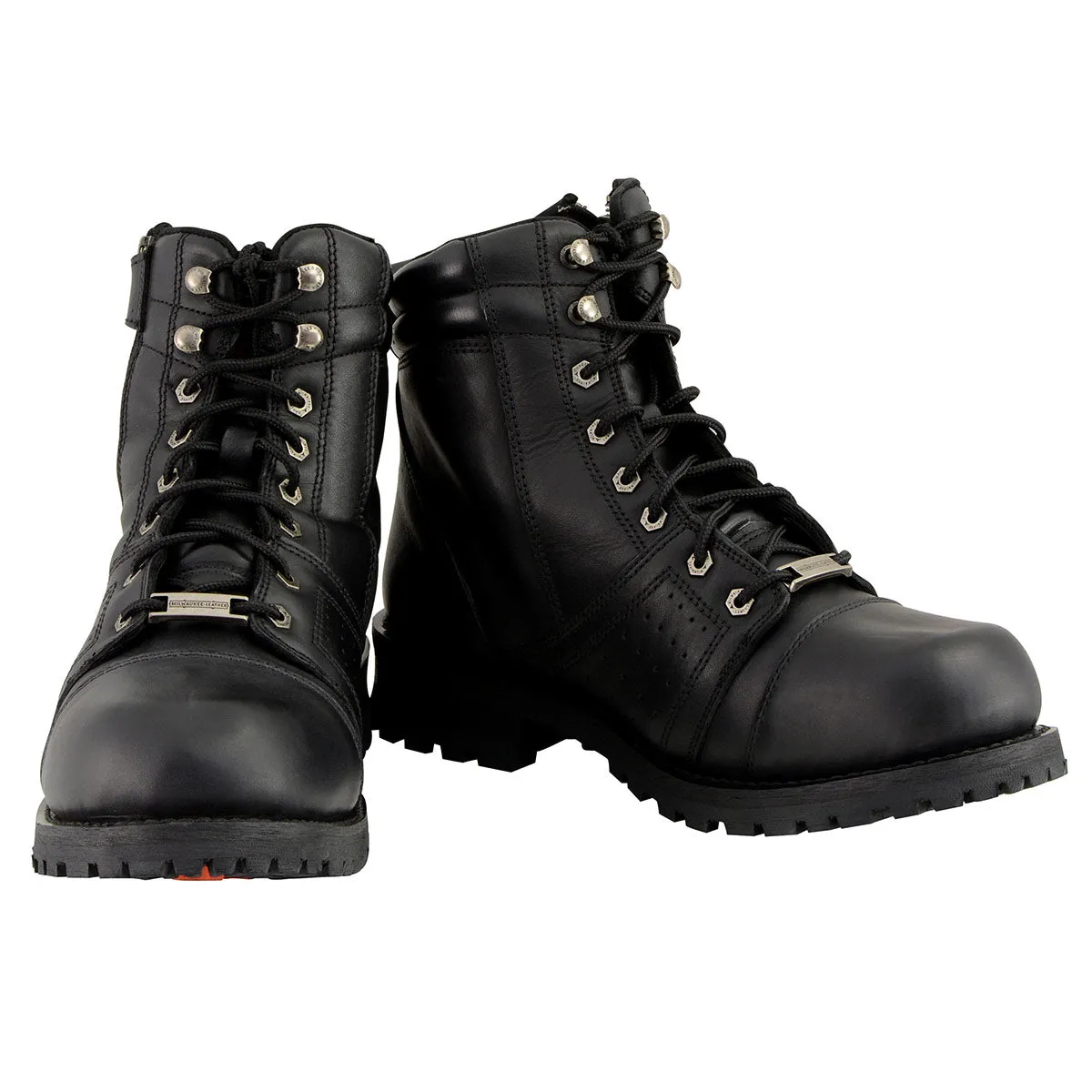 MBM9000 Men's Black Lace-Up Motorcycle Riding Leather Boots with Side Zipper Entry