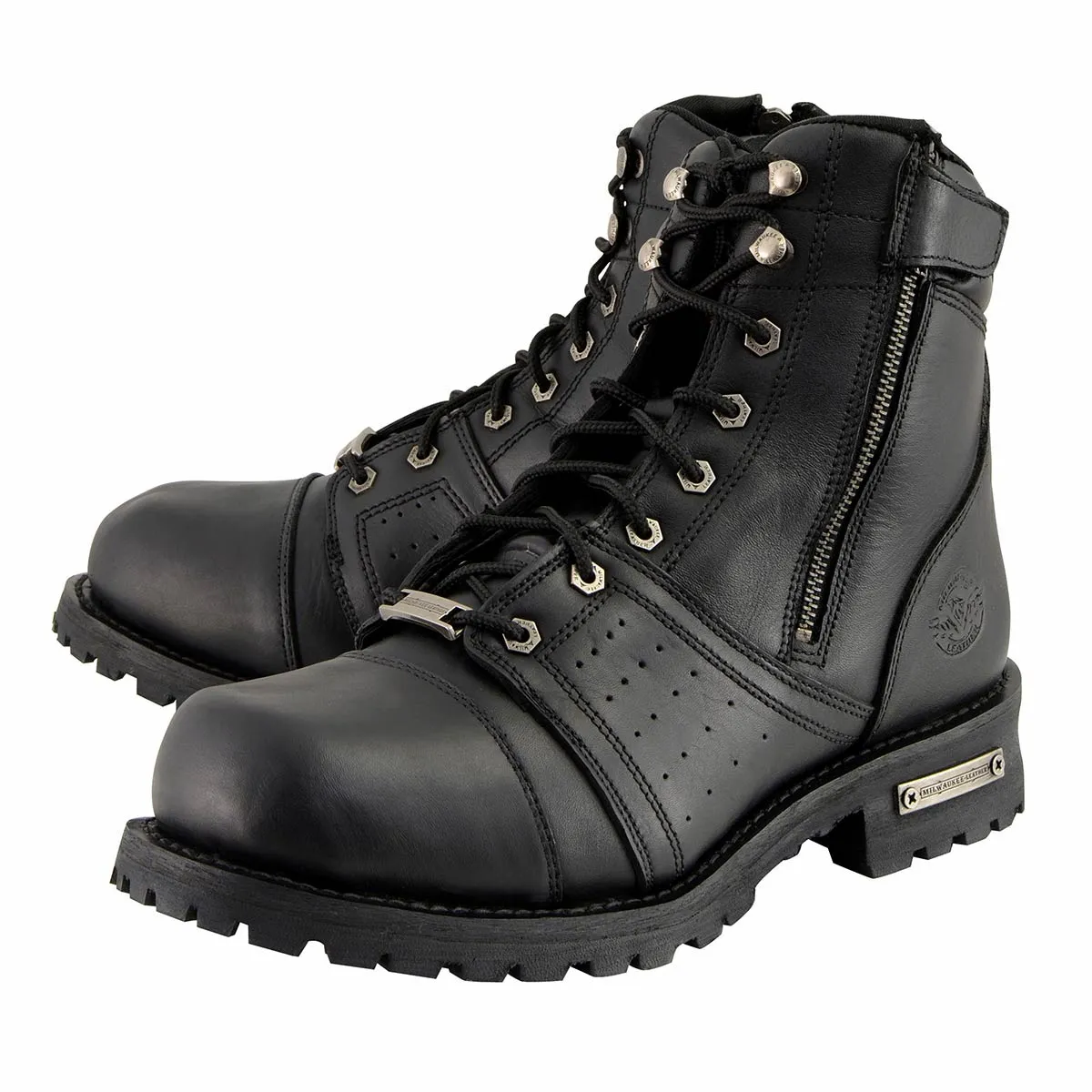 MBM9000 Men's Black Lace-Up Motorcycle Riding Leather Boots with Side Zipper Entry