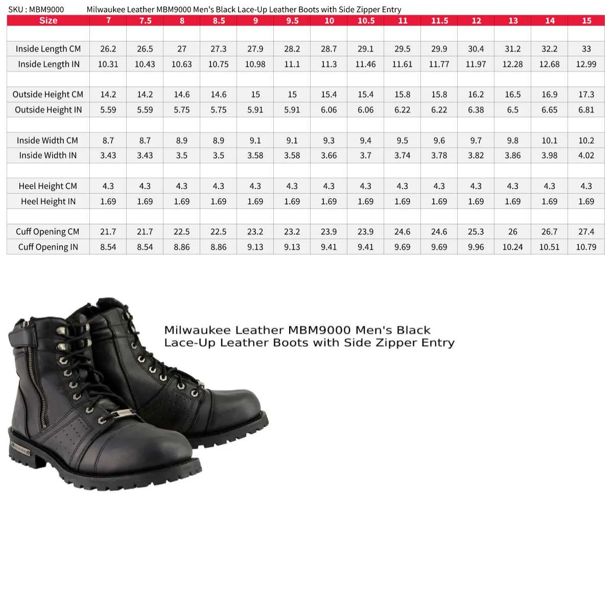 MBM9000 Men's Black Lace-Up Motorcycle Riding Leather Boots with Side Zipper Entry