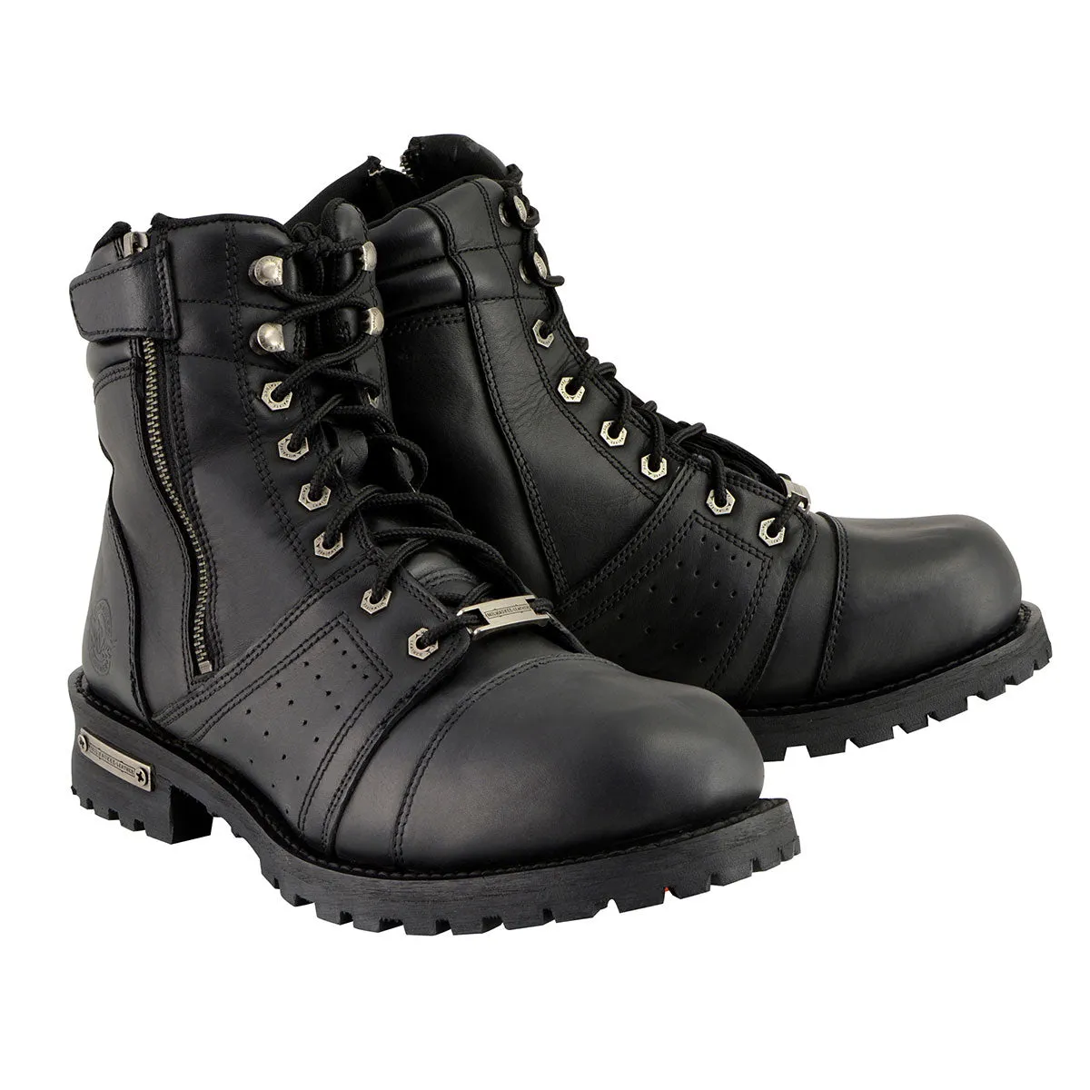 MBM9000 Men's Black Lace-Up Motorcycle Riding Leather Boots with Side Zipper Entry