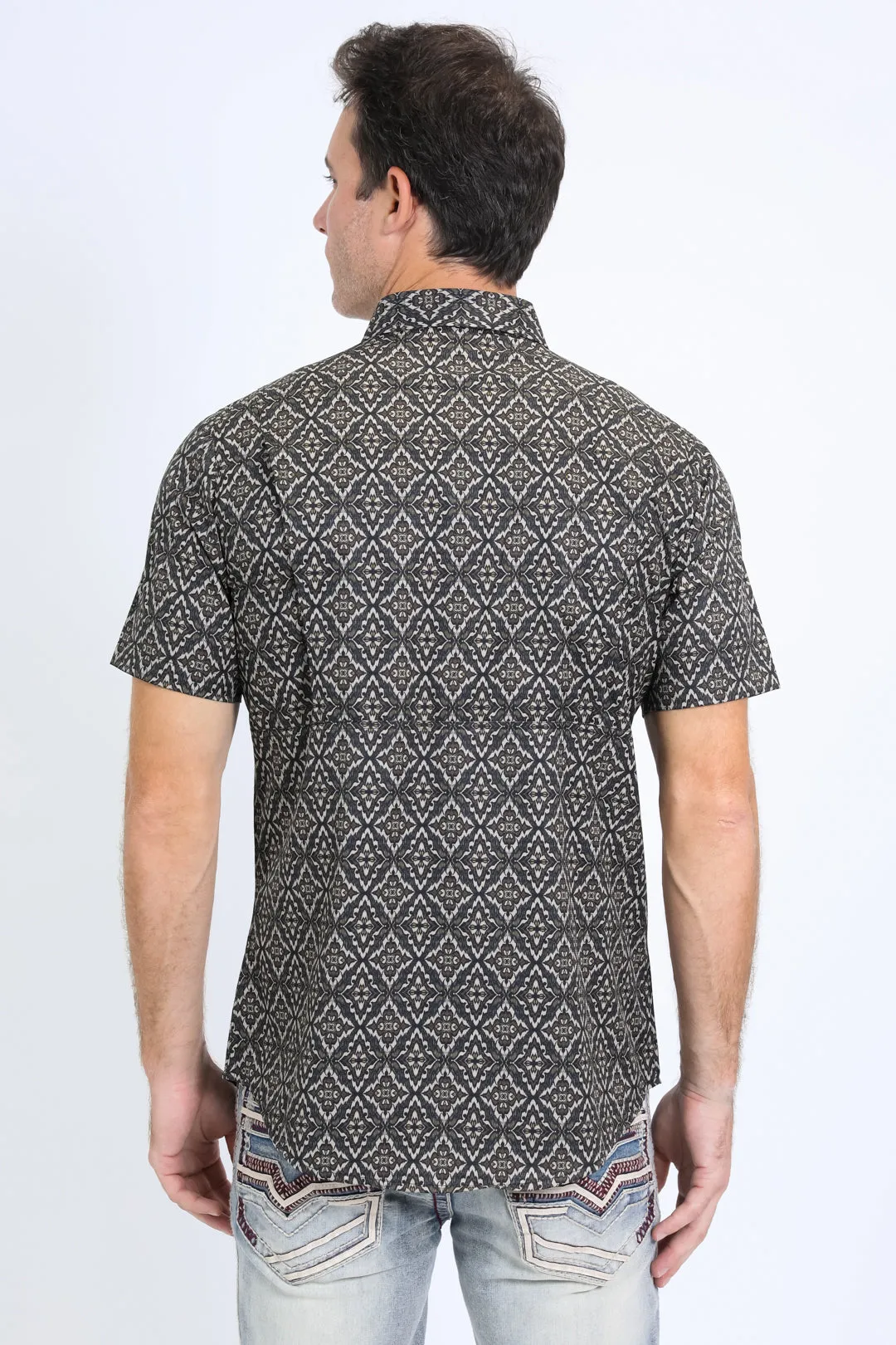 Mens Performance Western Short Sleeve Aztec Print Black/Brown Shirt