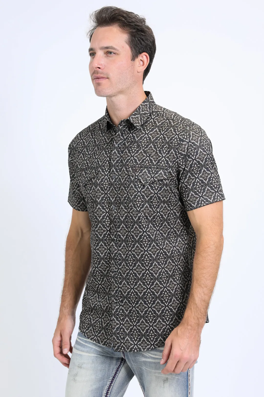 Mens Performance Western Short Sleeve Aztec Print Black/Brown Shirt