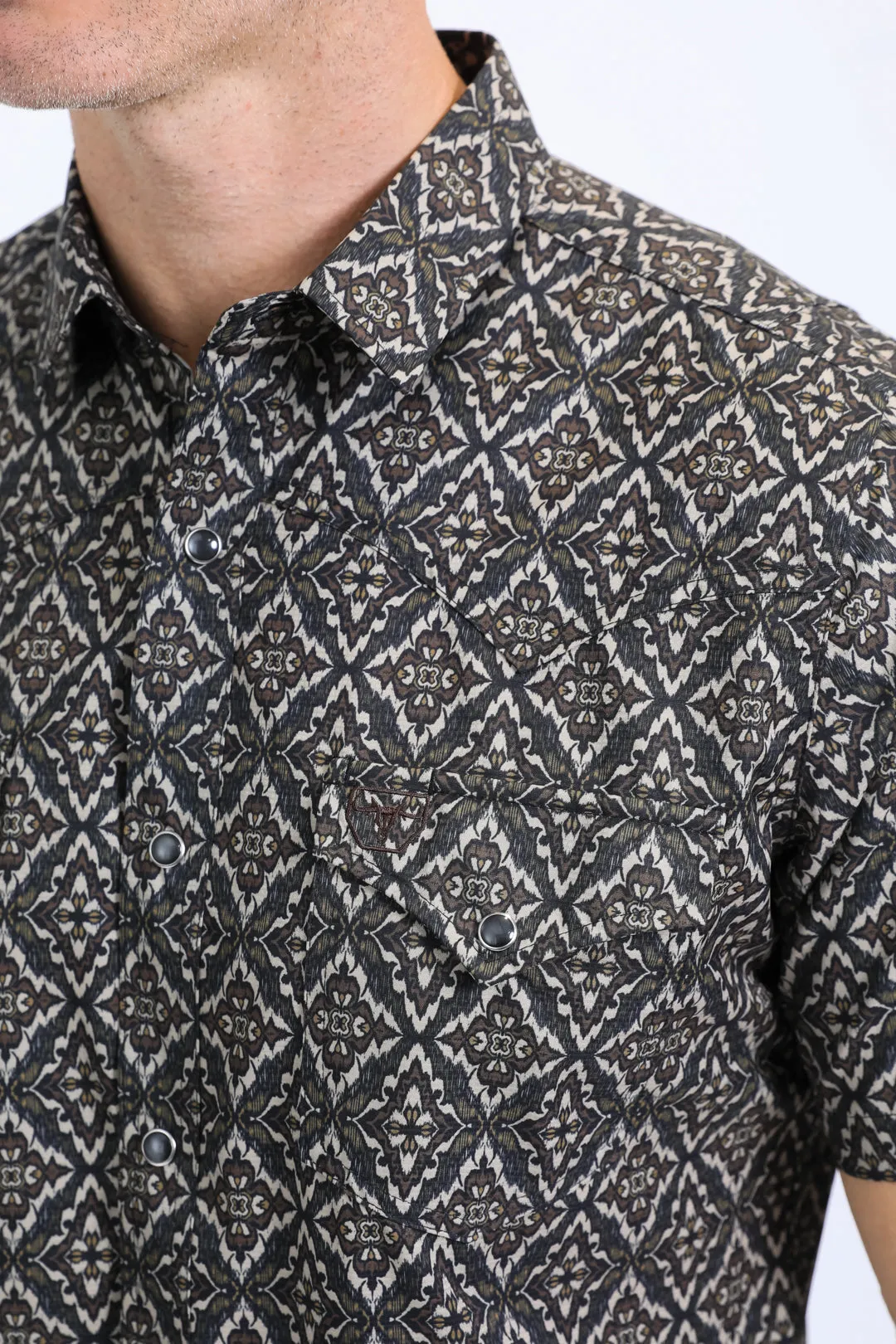 Mens Performance Western Short Sleeve Aztec Print Black/Brown Shirt