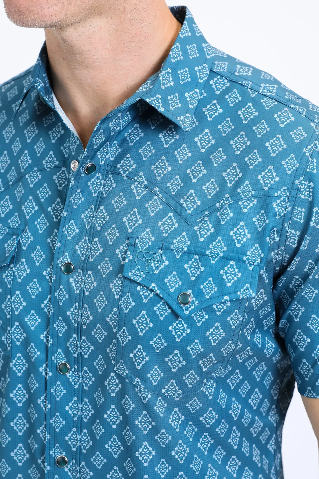 Mens Performance Western Short Sleeve Aztec Print Blue Shirt