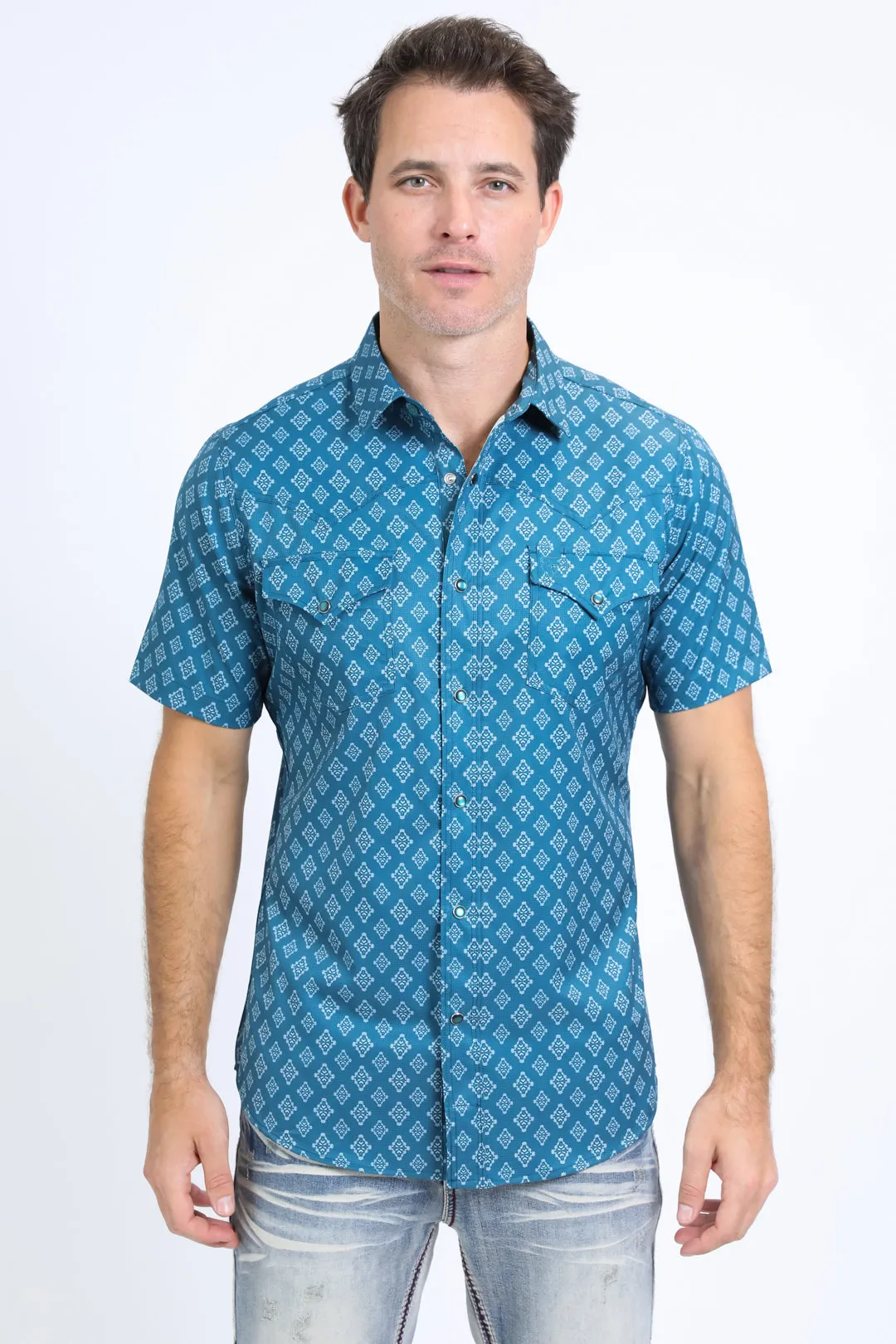 Mens Performance Western Short Sleeve Aztec Print Blue Shirt