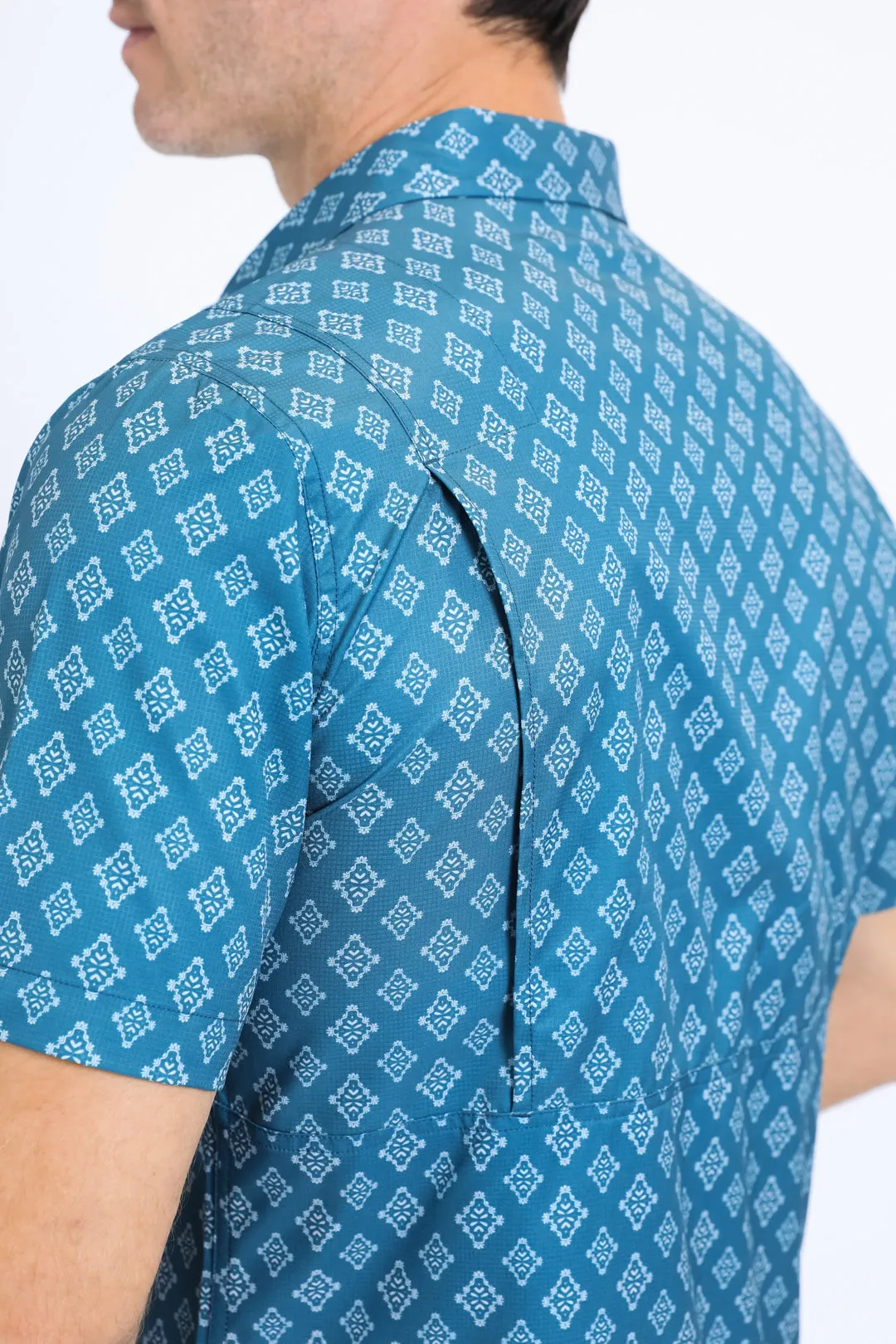 Mens Performance Western Short Sleeve Aztec Print Blue Shirt