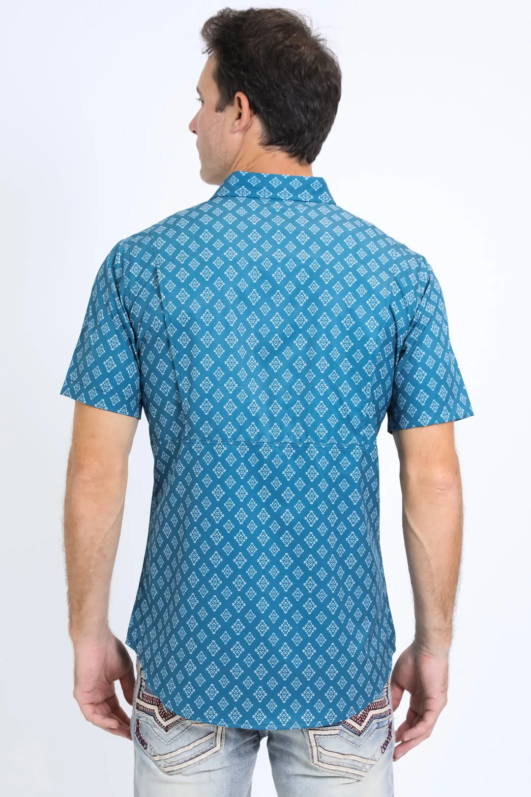 Mens Performance Western Short Sleeve Aztec Print Blue Shirt