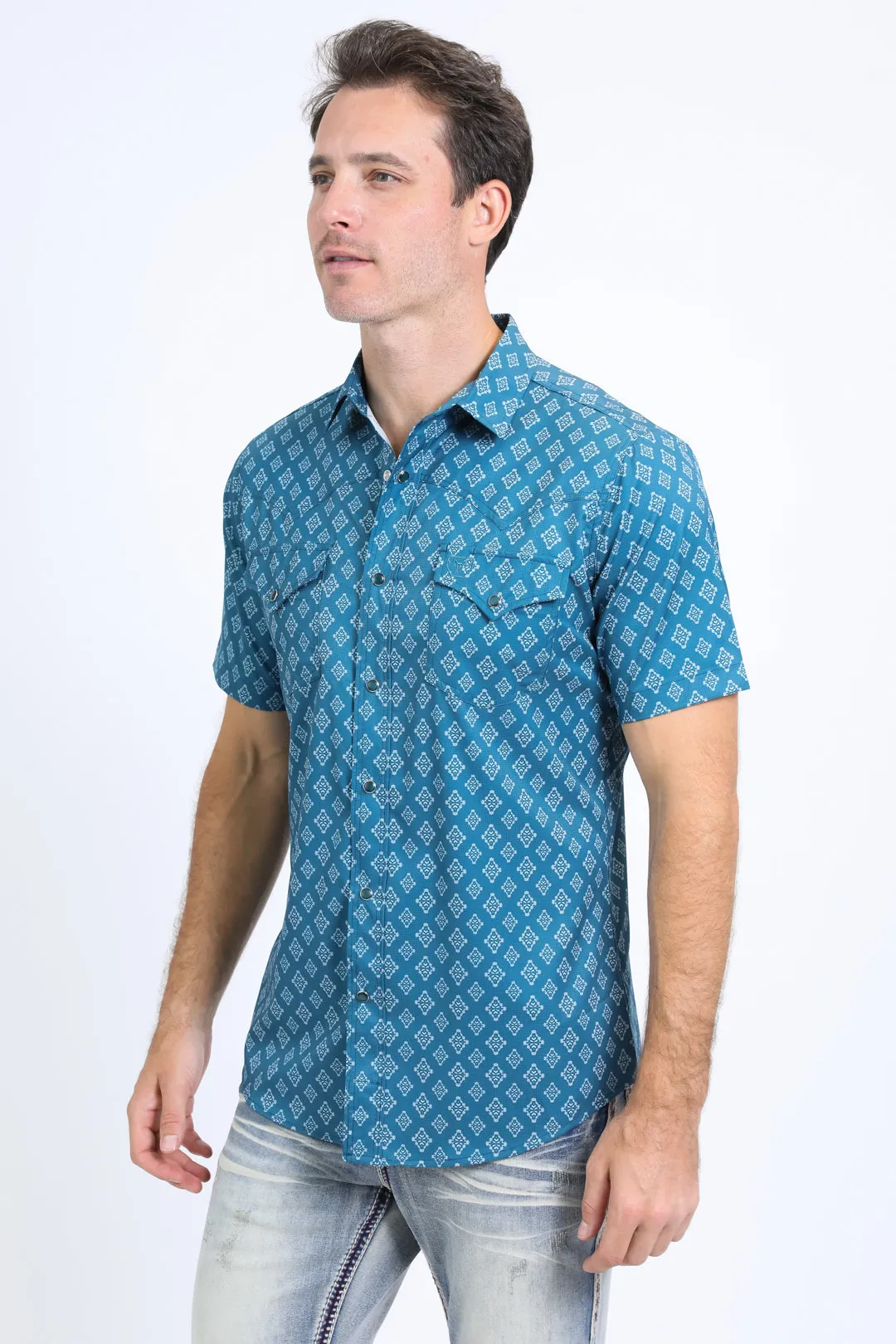 Mens Performance Western Short Sleeve Aztec Print Blue Shirt