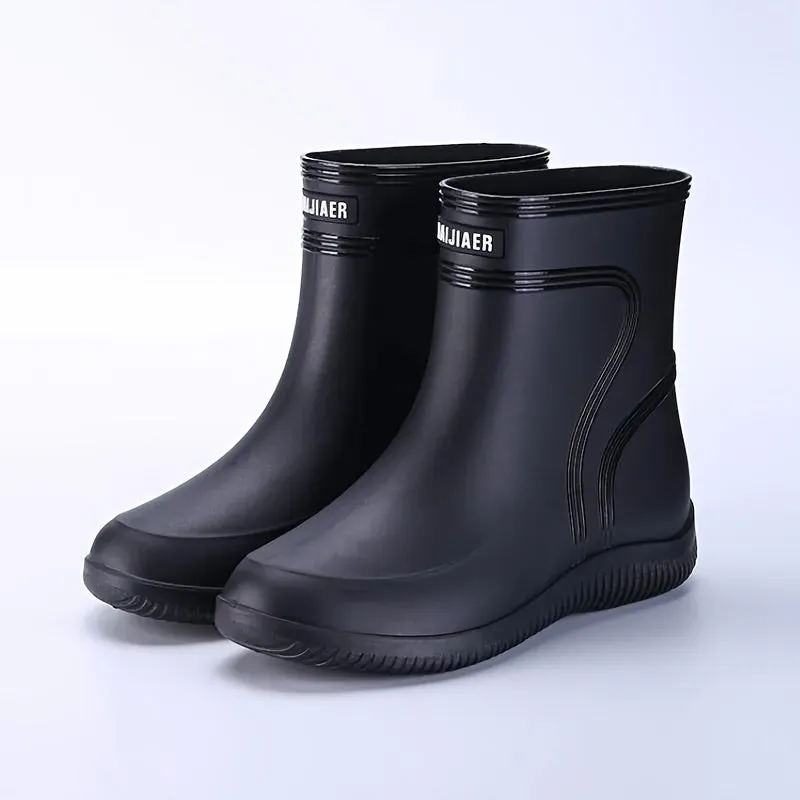 Men's Solid Color High Top Waterproof Rain Boots, Comfy Non Slip Durable Casual Water Shoes For Men's Rainy Day Outdoor Activities