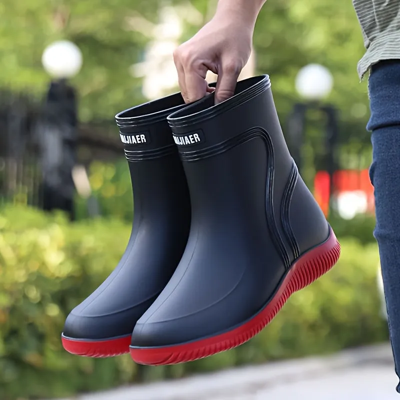 Men's Solid Color High Top Waterproof Rain Boots, Comfy Non Slip Durable Casual Water Shoes For Men's Rainy Day Outdoor Activities
