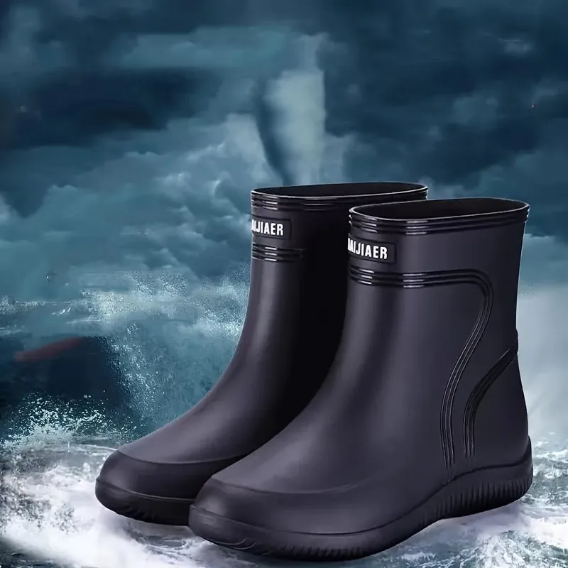Men's Solid Color High Top Waterproof Rain Boots, Comfy Non Slip Durable Casual Water Shoes For Men's Rainy Day Outdoor Activities
