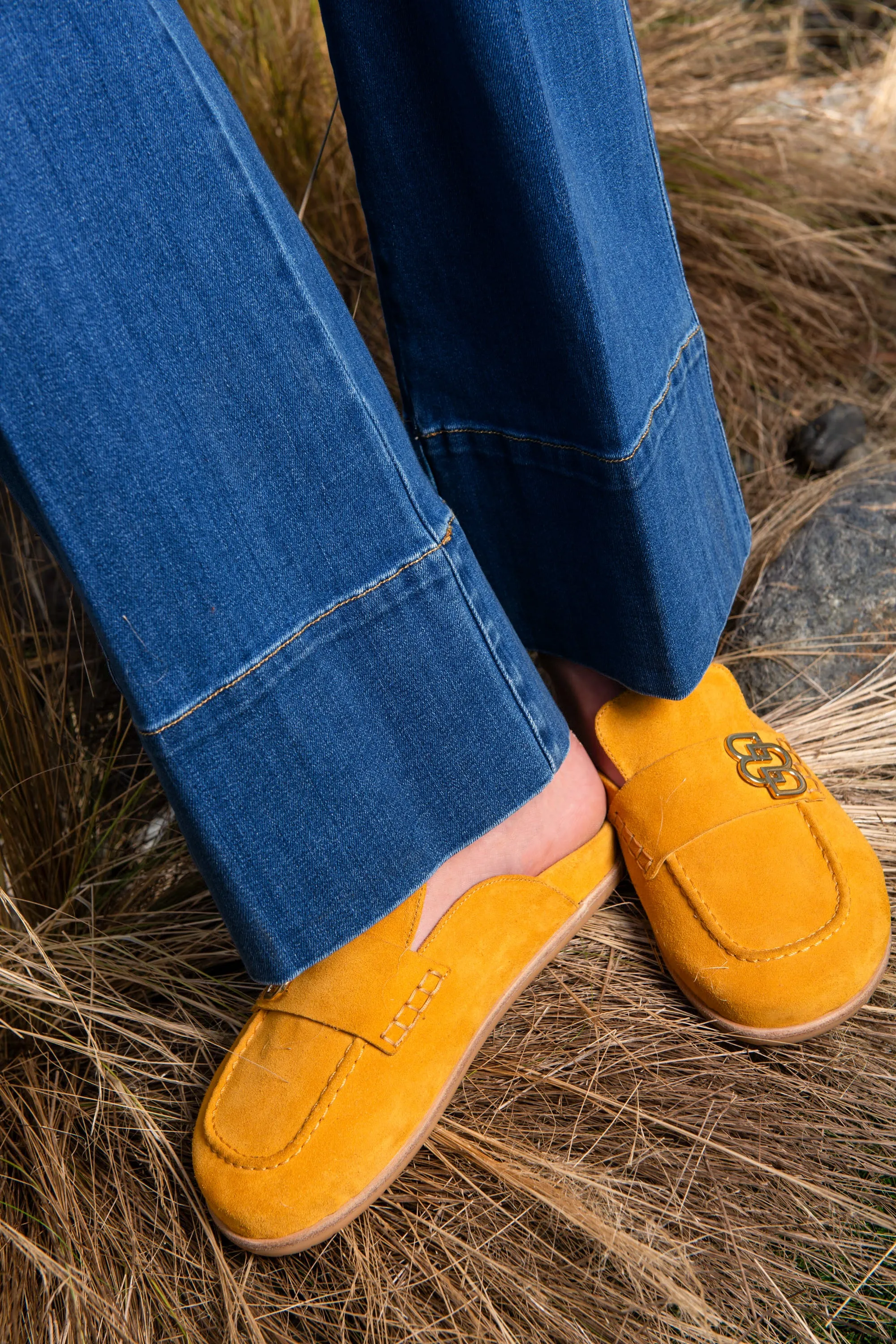 Mustard Suede Loafers with Gold Monogram Detail