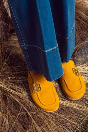 Mustard Suede Loafers with Gold Monogram Detail