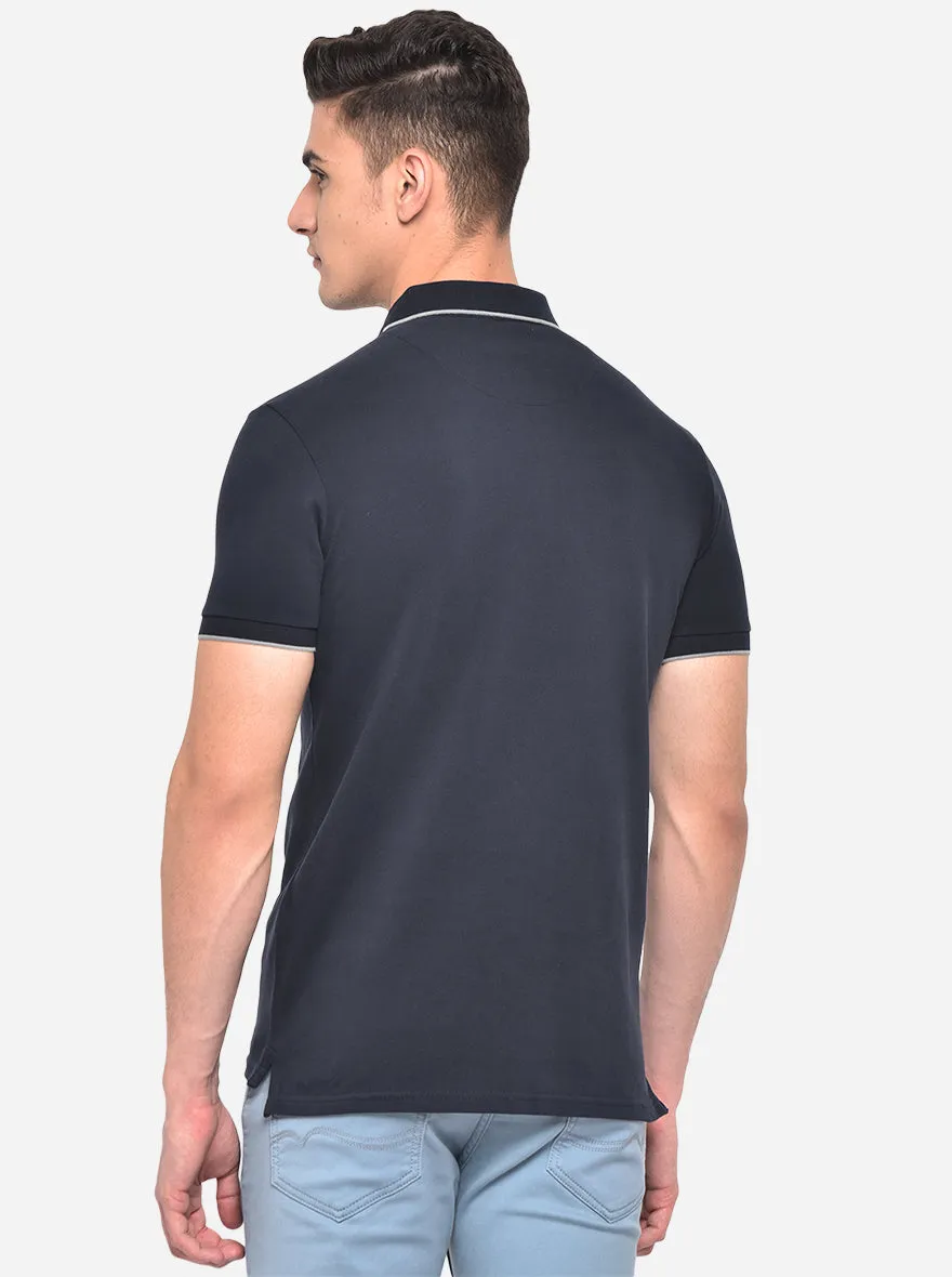 Navy Blue Solid Slim Fit Polo T-Shirt | JadeBlue